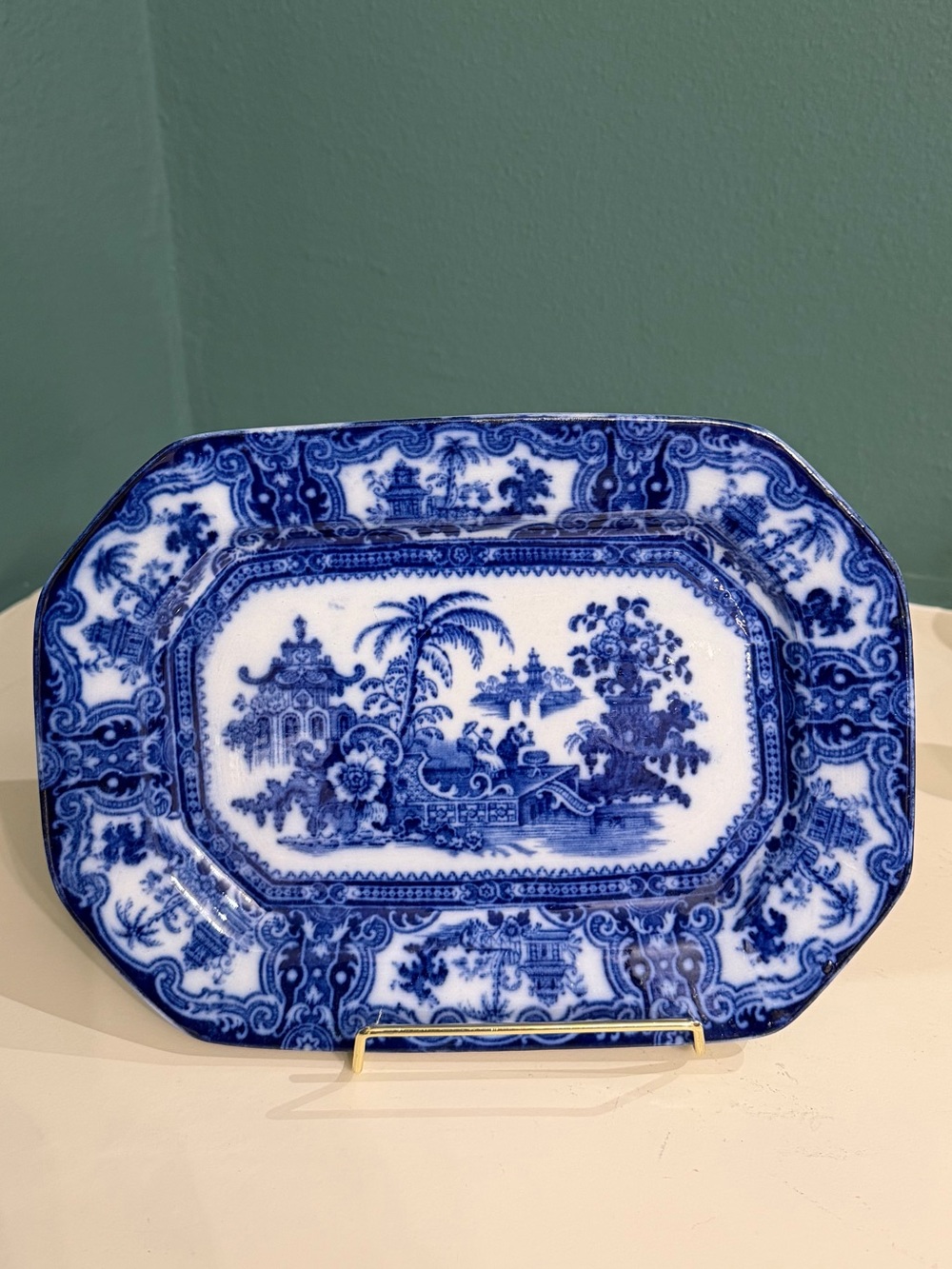 Antique Flow Blue W. Adams & Co Kyber Blue & White Transferware Platter 10x7